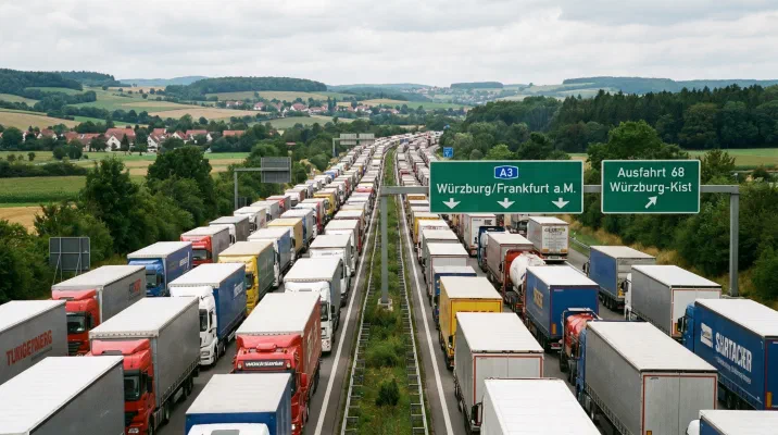 Zwei Fahrspuren stehender Lkw auf der A3 bei Würzburg