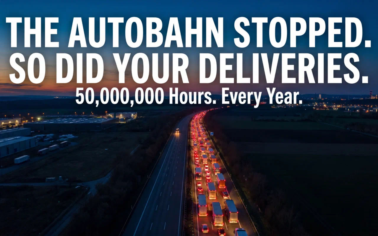 Autobahn in der Dämmerung mit einer langen Schlange von Lkw-Rücklichtern, darüber die Schlagzeile The Autobahn stopped. So did your deliveries.