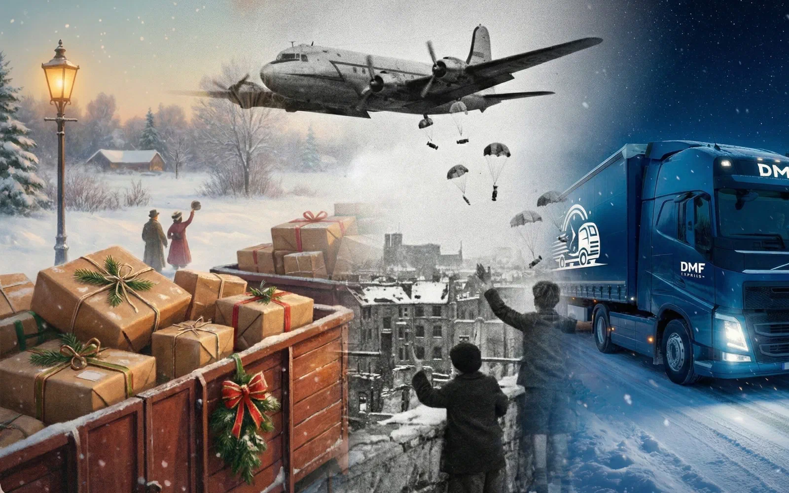 Weihnachtstransport und Logistik - eine winterliche Straße mit einem Transportfahrzeug