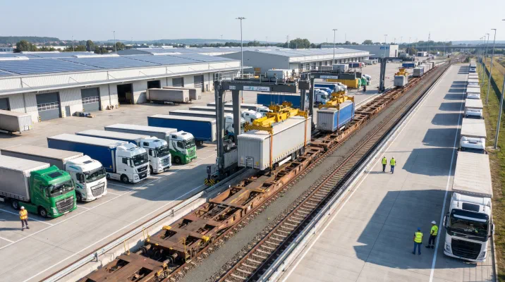 Ein intermodales Terminal, in dem Lkw und Container auf Bahnwaggons umgeschlagen werden