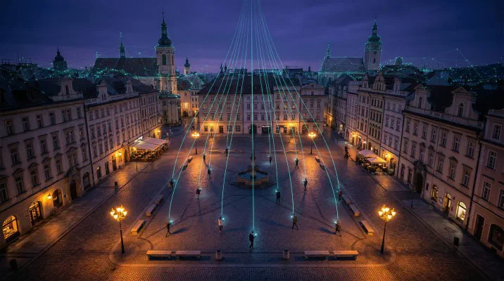 Ein historischer europäischer Stadtplatz in der Dämmerung, überlagert von leuchtenden Linien aus 3D-Kartendaten