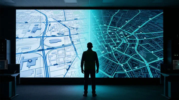 Eine Person als Silhouette vor einer wandgroßen digitalen Stadtkarte