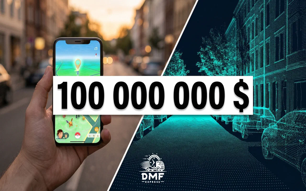 Ein Smartphone mit Pokémon GO neben einem 3D-Punktwolken-Scan einer Straße, beschriftet mit 100 000 000 $