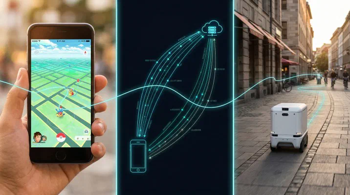 Ein Smartphone mit Pokémon GO, verbunden über Datenlinien mit einem Lieferroboter auf einem Gehsteig