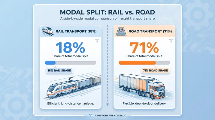 Infografik zum Modal Split des deutschen Güterverkehrs: Schiene 18 Prozent, Straße 71 Prozent