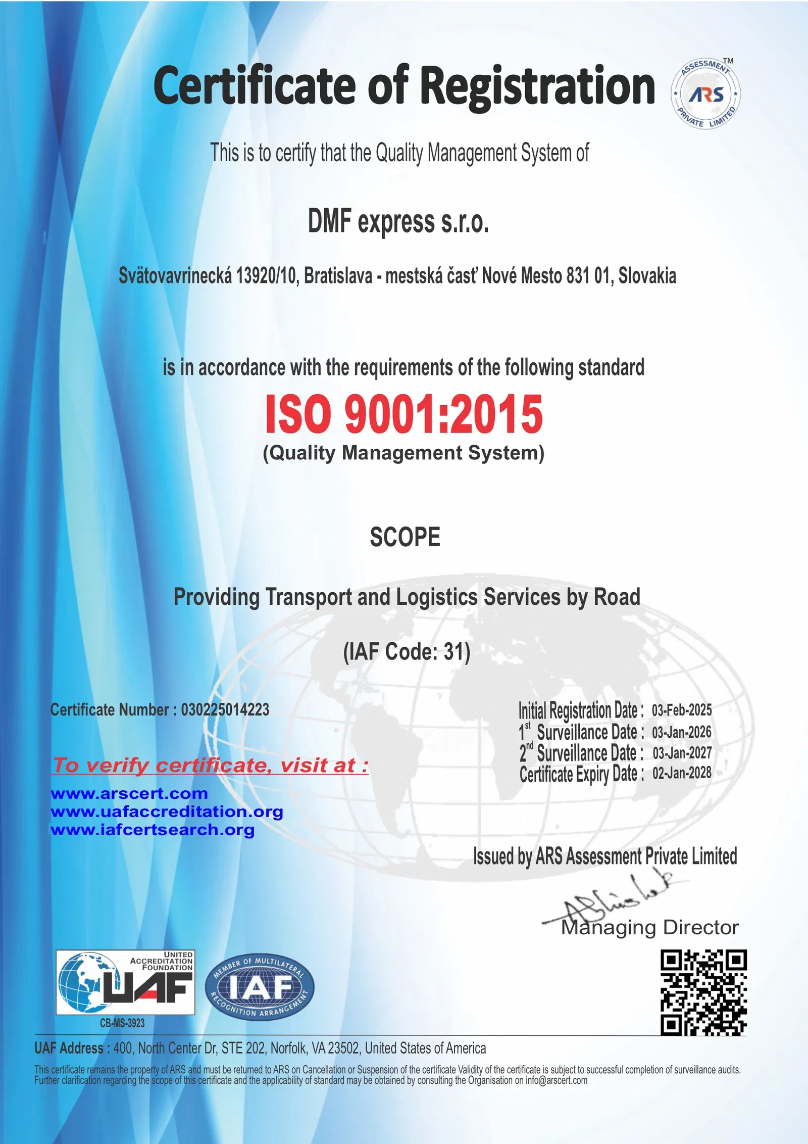 ISO-9001:2015-Zertifikat für das Qualitätsmanagementsystem der DMF express s.r.o., ausgestellt von ARS Assessment